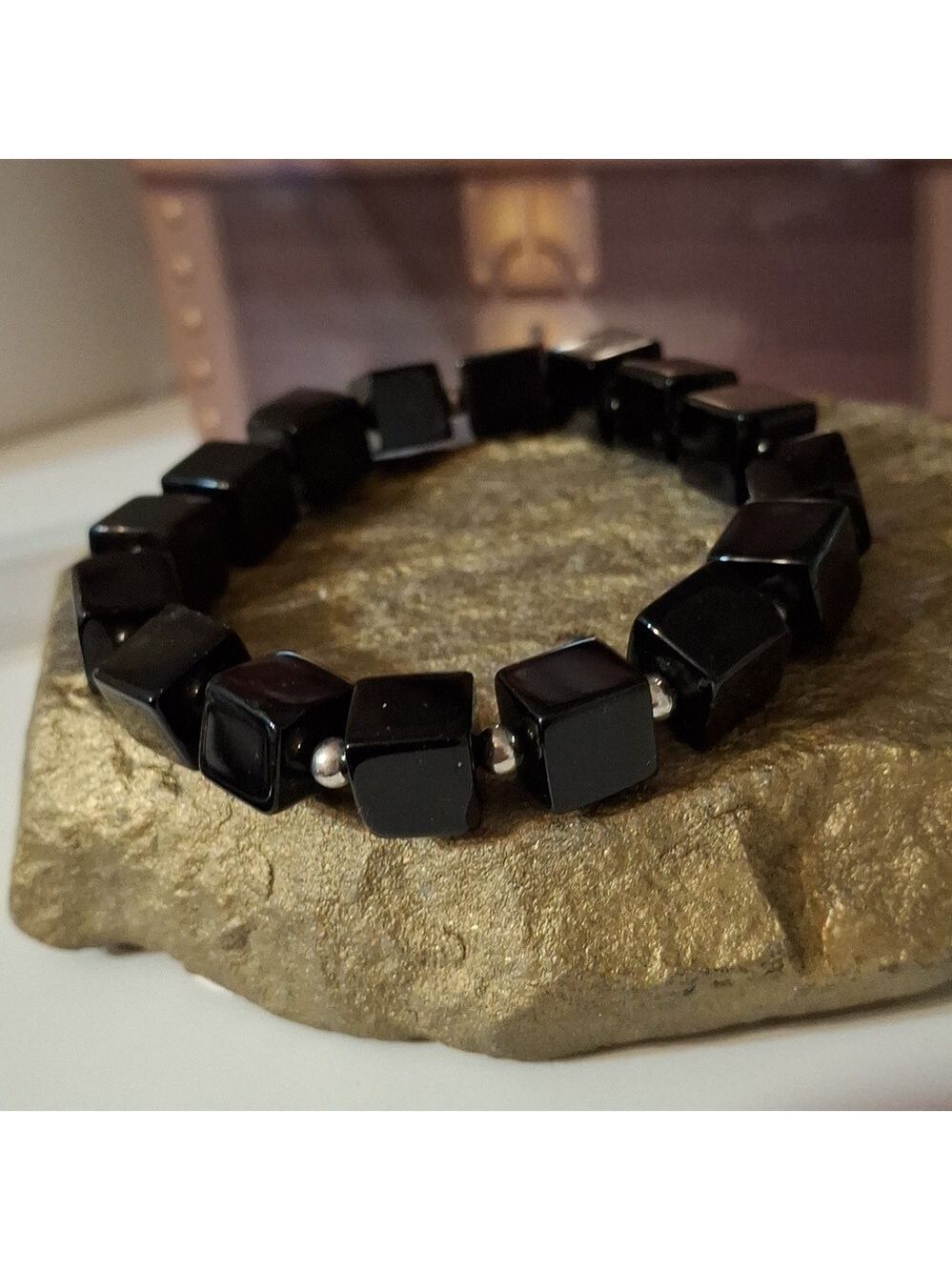 Black square stone beaded stretchy bracelet